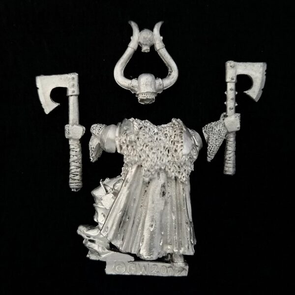 A photo of a Warriors of Chaos Undivided Champion Warhammer miniature