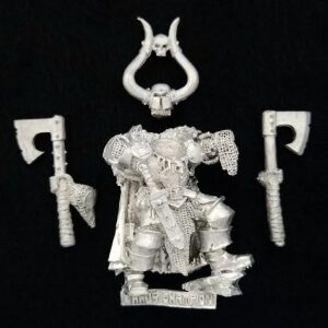 A photo of a Warriors of Chaos Undivided Champion Warhammer miniature