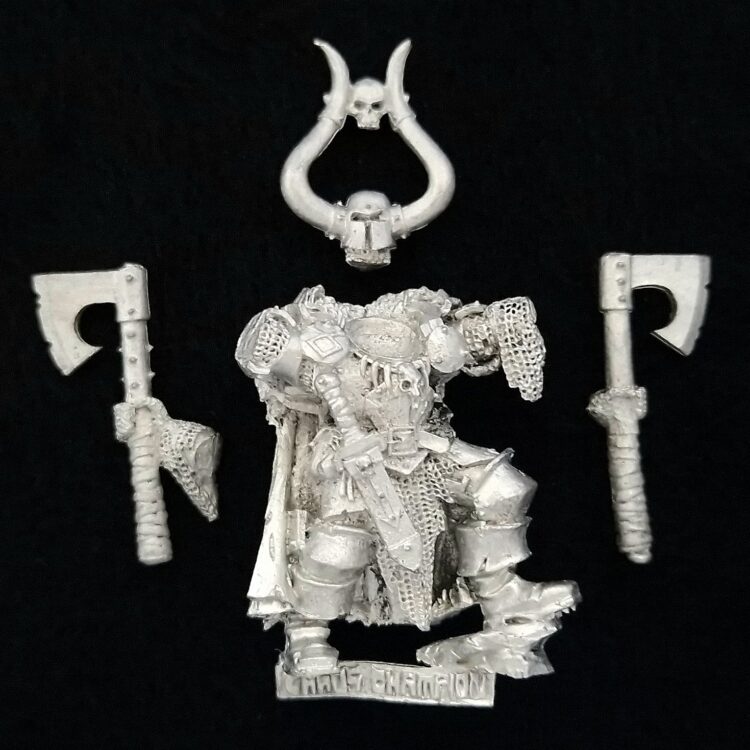 A photo of a Chaos Warriors Undivided Champion Warhammer miniature