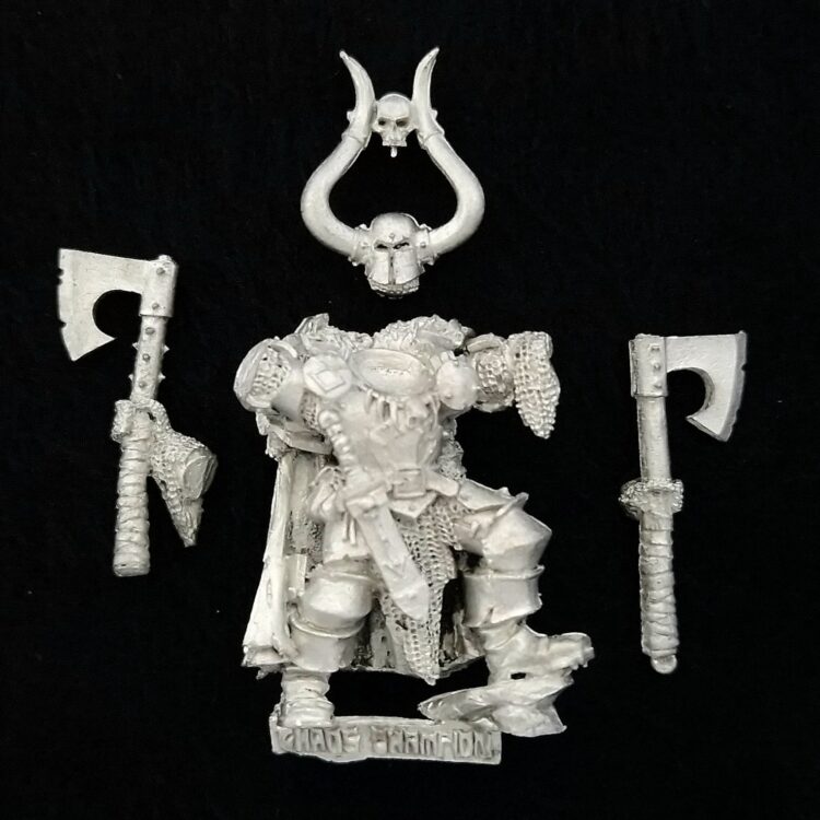 A photo of a Chaos Warriors Undivided Champion Warhammer miniature