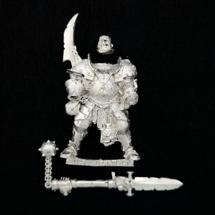 A photo of a Chaos Warriors Champion of Nurgle Warhammer miniature