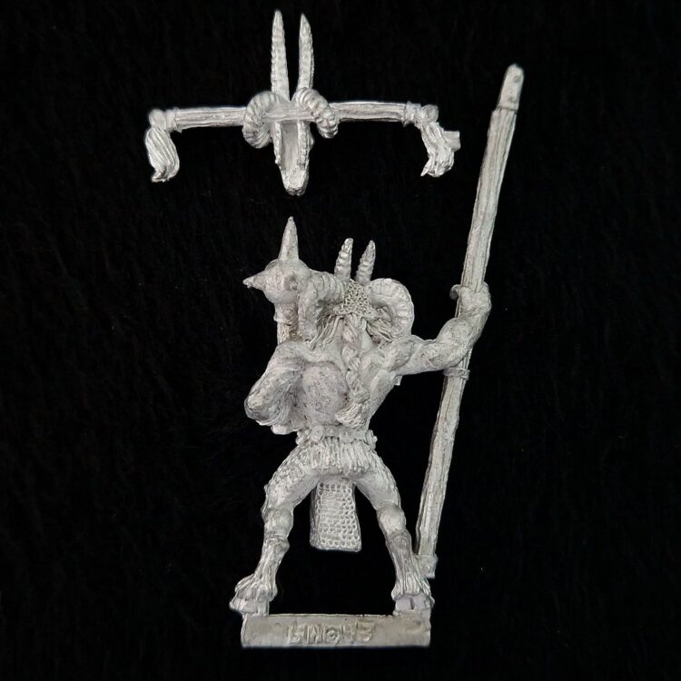 A photo of a Beasts of Chaos Beastmen Standard Bearer Warhammer miniature