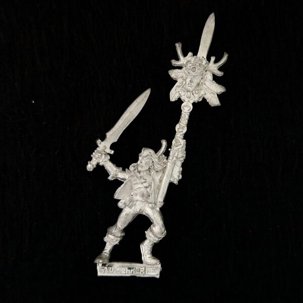 A photo of a Wood Elves Scout Standard Bearer Warhammer miniature