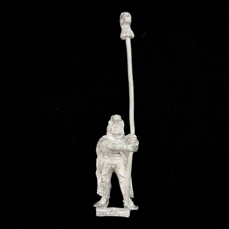 A photo of a Dogs of War Leopold's Leopards Company Standard Bearer Warhammer miniature