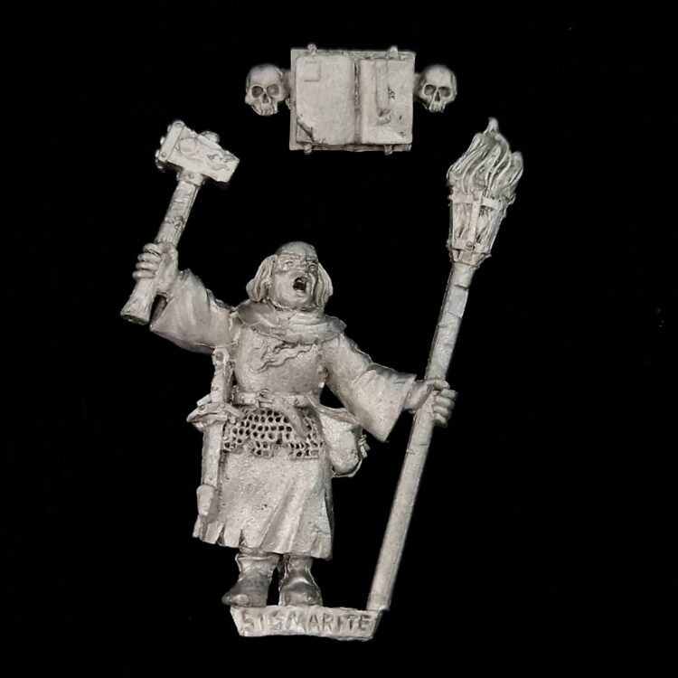 A photo of a Mordheim Witch Hunters Sigmarite Priest Warhammer miniature