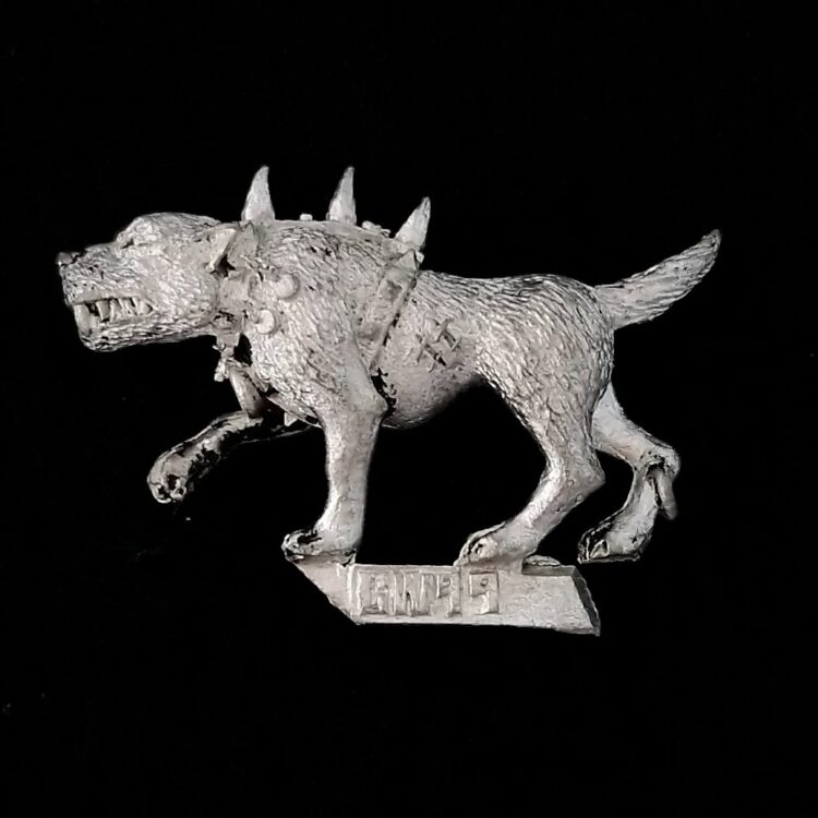 A photo of a Mordheim Witch Hunters War Hound Warhammer miniature