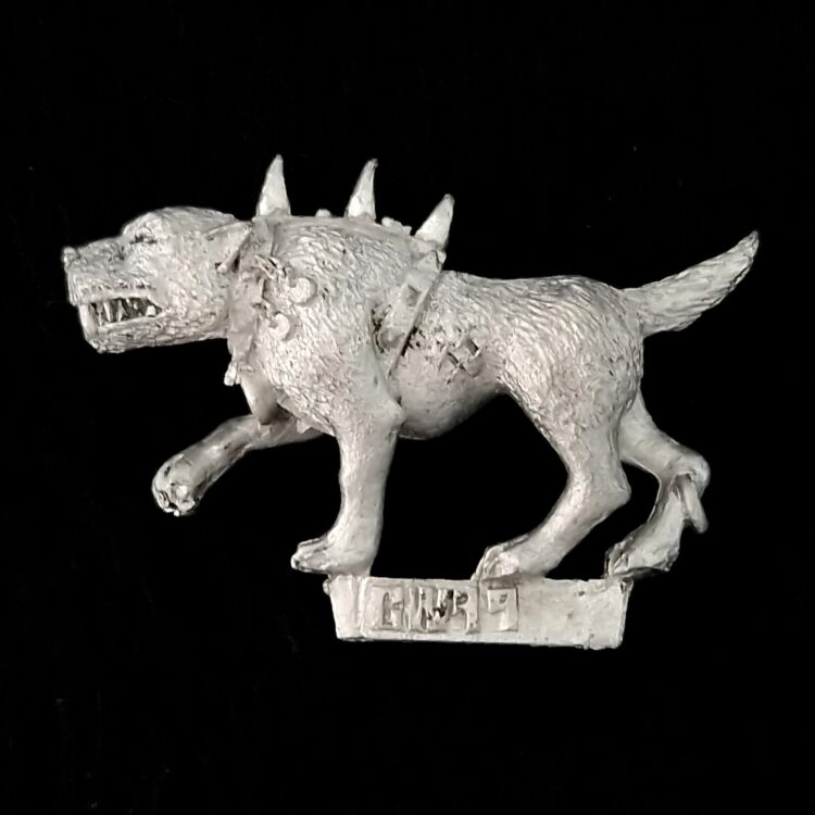 A photo of a Mordheim Witch Hunters War Hound Warhammer miniature