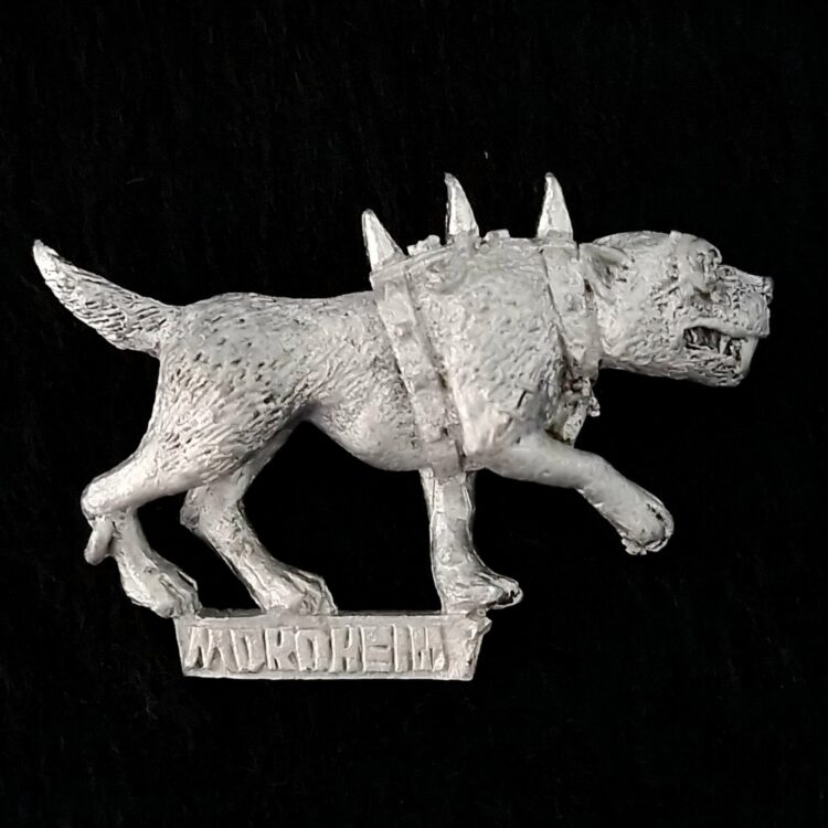 A photo of a Mordheim Witch Hunters War Hound Warhammer miniature