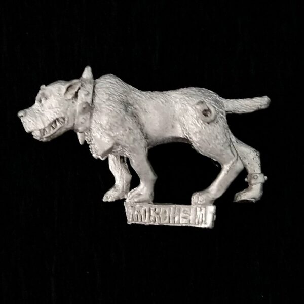 A photo of a Mordheim Witch Hunters War Hound Warhammer miniature