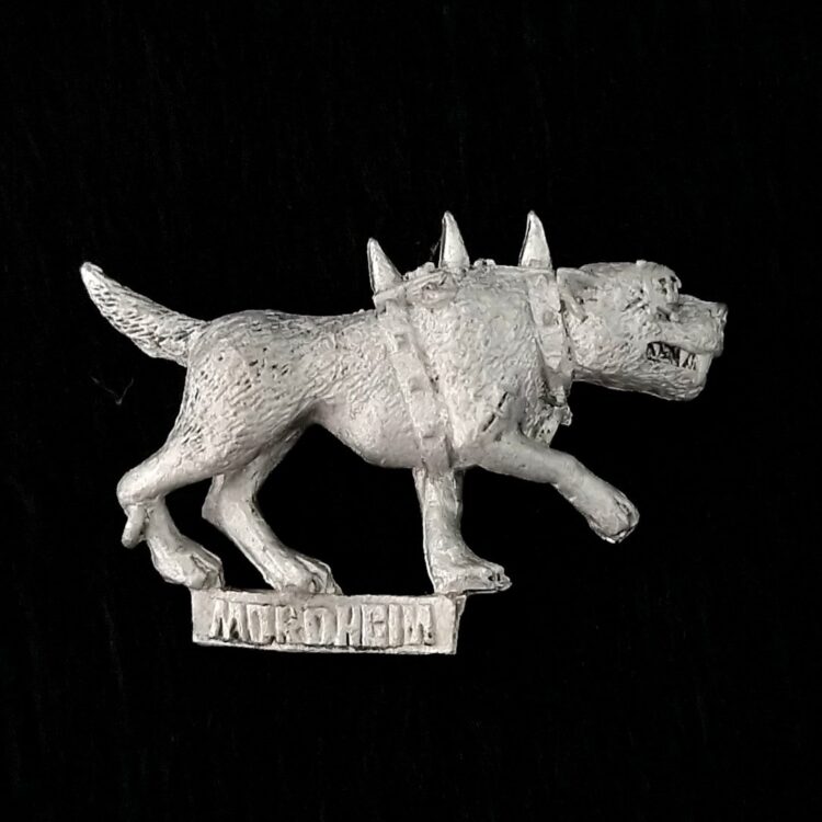 A photo of a Mordheim Witch Hunters War Hound Warhammer miniature