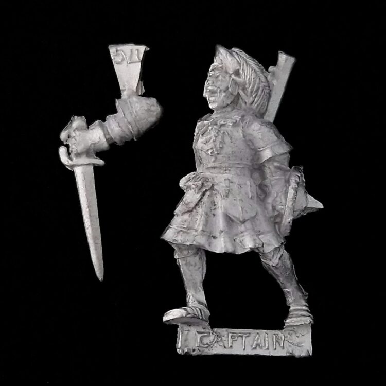 A photo of a Mordheim Mercenaries Mariënburgers Captain Warhammer miniature