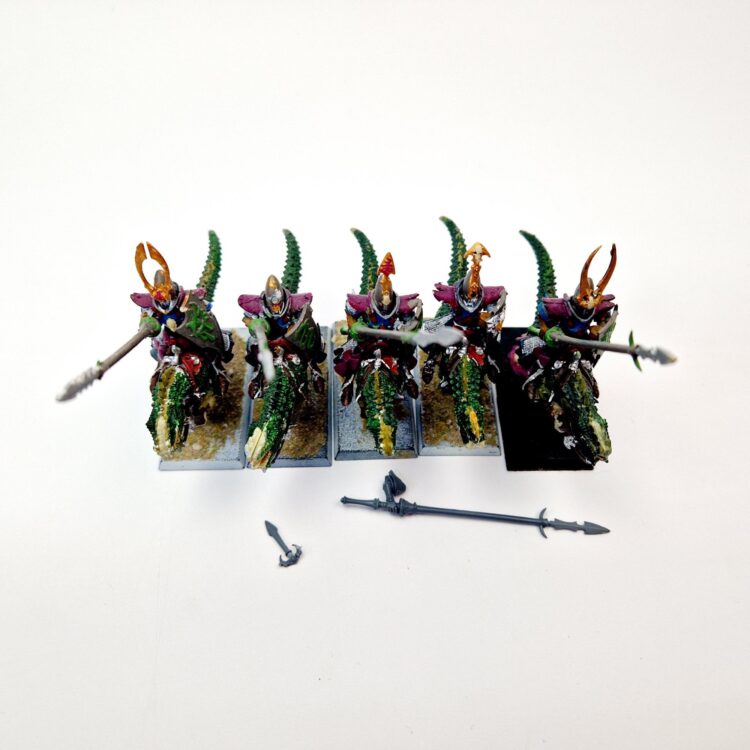 A photo of Dark Elves Cold One Knights Warhammer miniatures