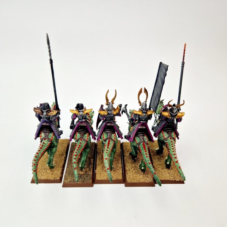 A photo of Dark Elves Cold One Knights Warhammer miniatures