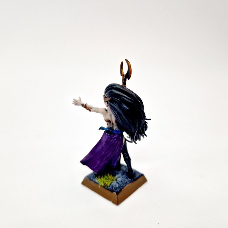 A photo of a Dark Elves Sorceress Warhammer miniature