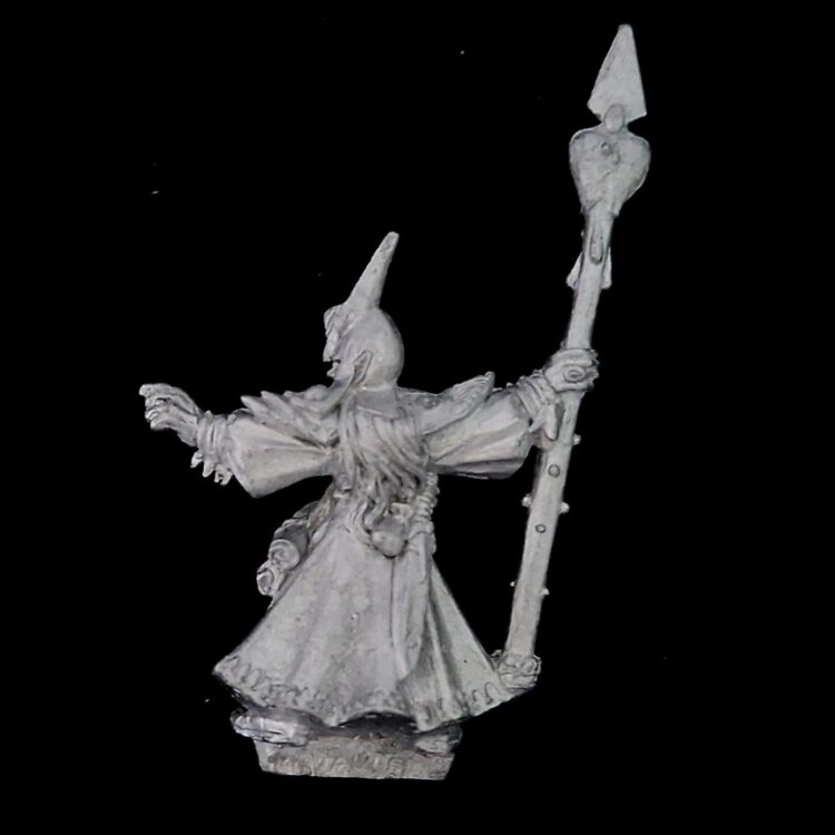 A photo of a Dark Elves Sorcerer Warhammer miniature