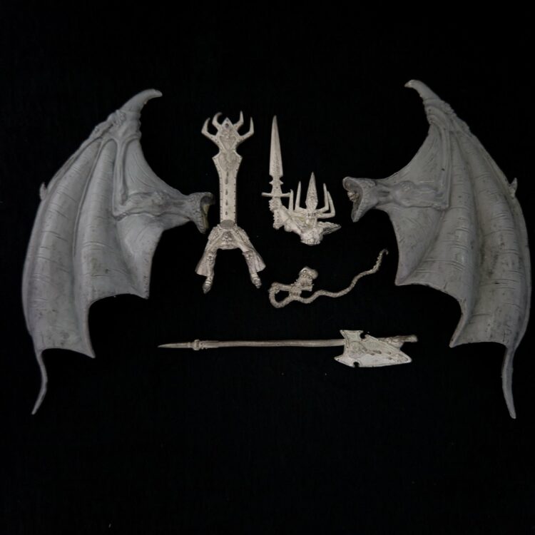 A photo of a Dark Elves Beastlord Rakarth on Black Dragon Warhammer miniature
