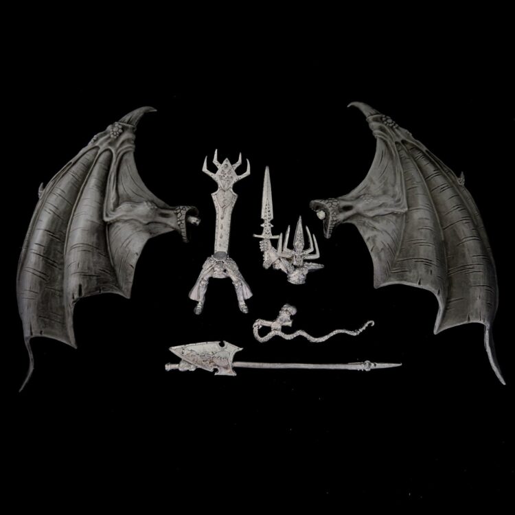 A photo of a Dark Elves Beastlord Rakarth on Black Dragon Warhammer miniature