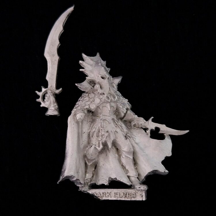 A photo of a Dark Elves Lokhir Fellheart Warhammer miniature