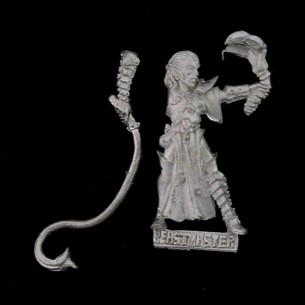 A photo of a Dark Elves Beastmaster Warhammer miniature