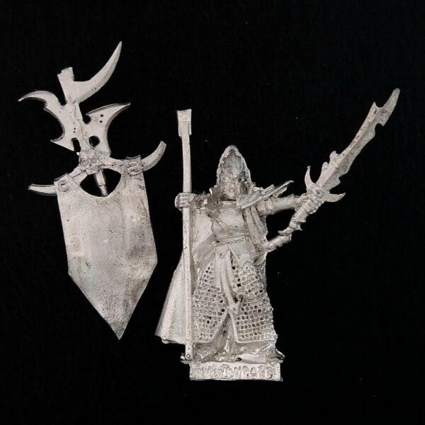 A photo of a Dark Elves Battle Standard Bearer Warhammer miniature