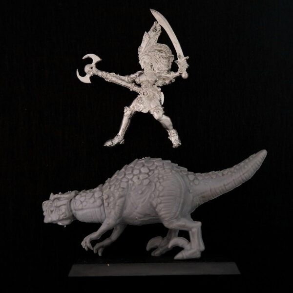 A photo of a Dark Elves Mounted Sorceress Warhammer miniature