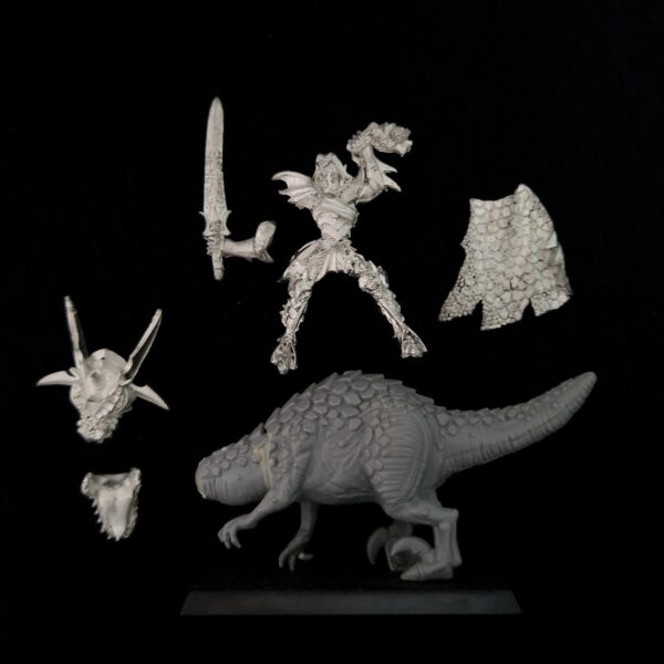 A photo of a Dark Elves Malus Darkblade on Cold One Warhammer miniature