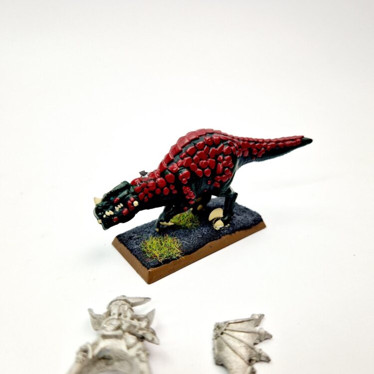 A photo of a Dark Elves Cold One Knight Warhammer miniature