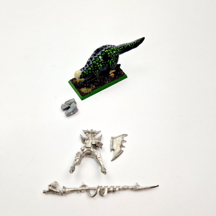 A photo of a Dark Elves Cold One Knight Warhammer miniature