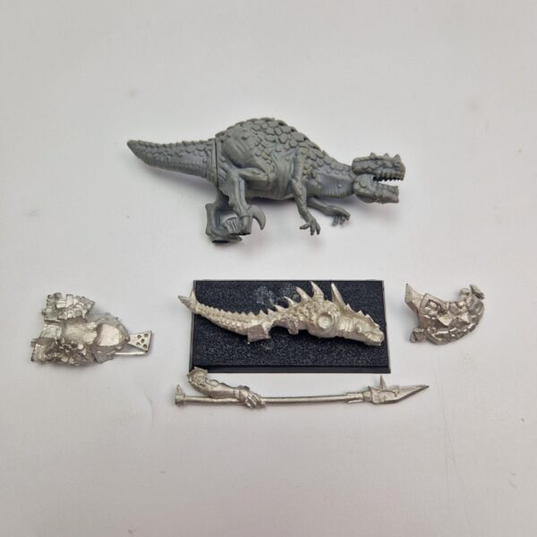 A photo of a Lizardmen Saurus Warrior on Cold One Warhammer miniature