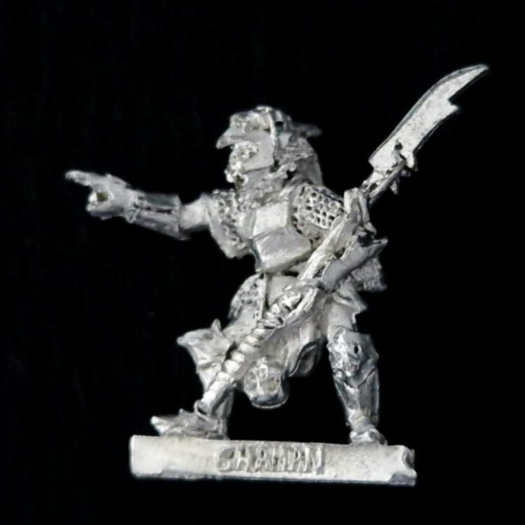 A photo of a Moria Goblin Shaman Middle Earth Warhammer miniature