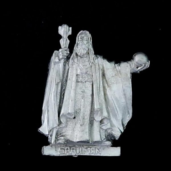 A photo of a Isengard Saruman with Palantir Middle Earth Warhammer miniature