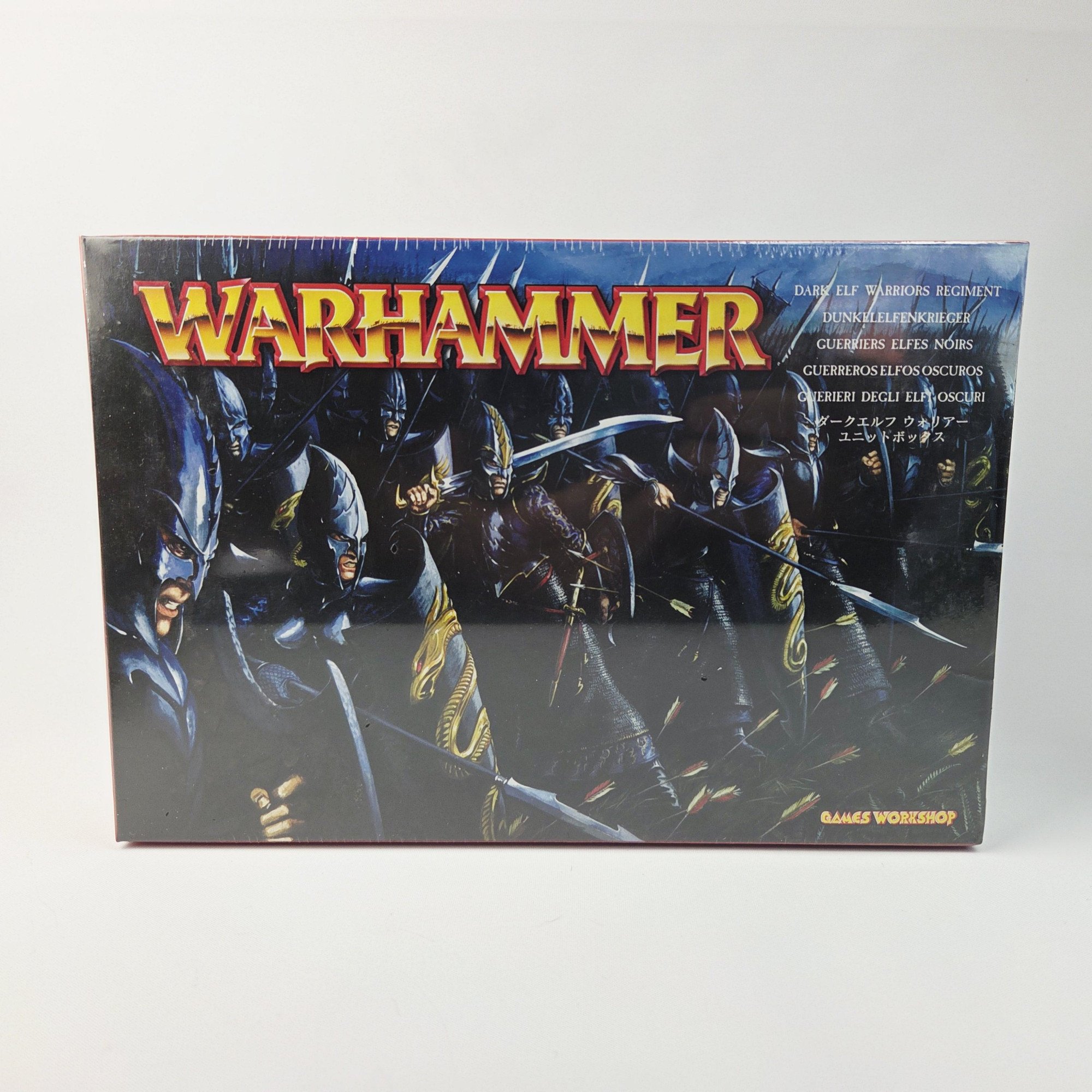 A photo of Dark Elves Warriors Regiment Warhammer miniatures