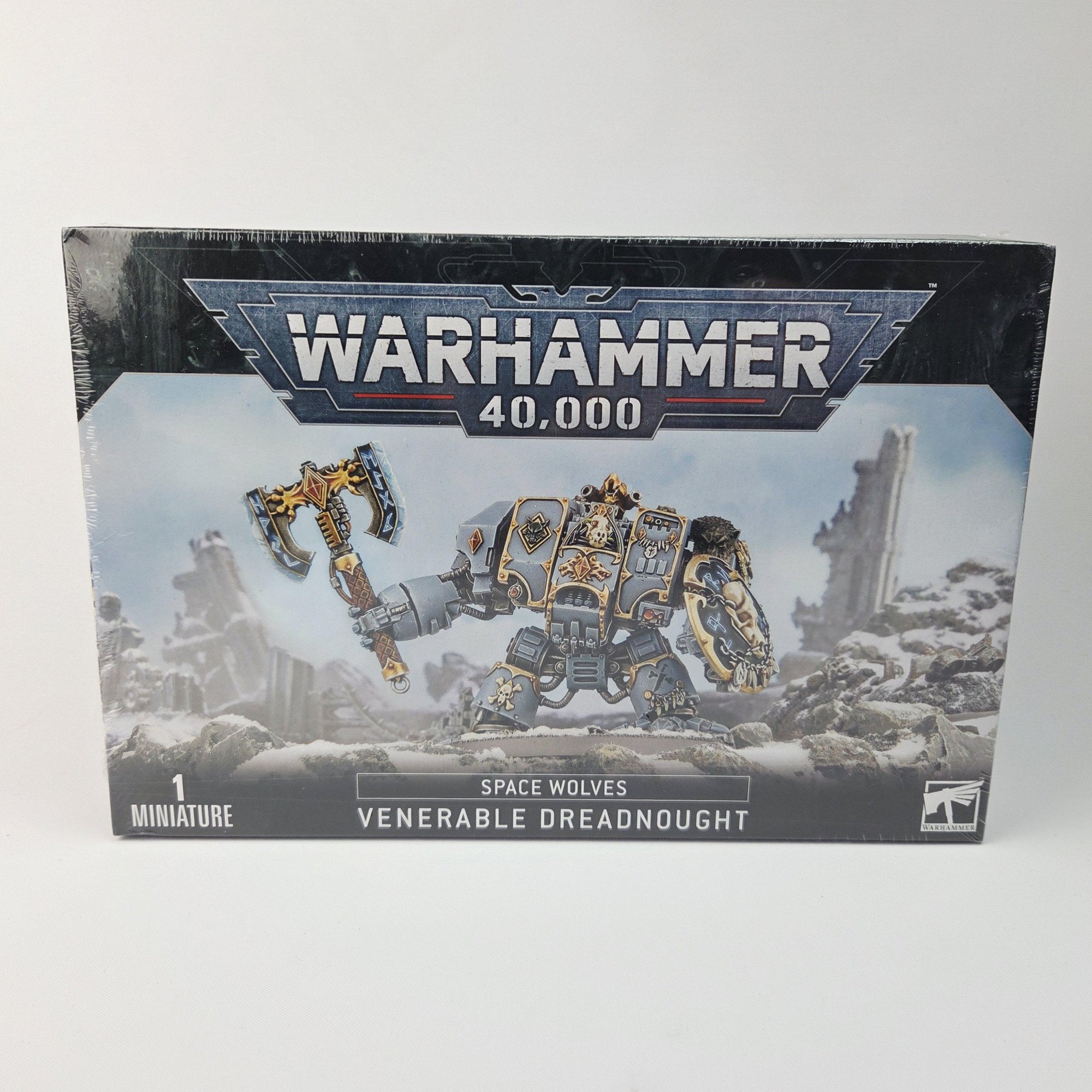 A photo of a Space Wolves Venerable Dreadnought Warhammer miniature