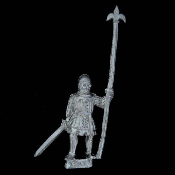 A photo of a Bretonnia Bowmen Standard Bearer Warhammer miniature
