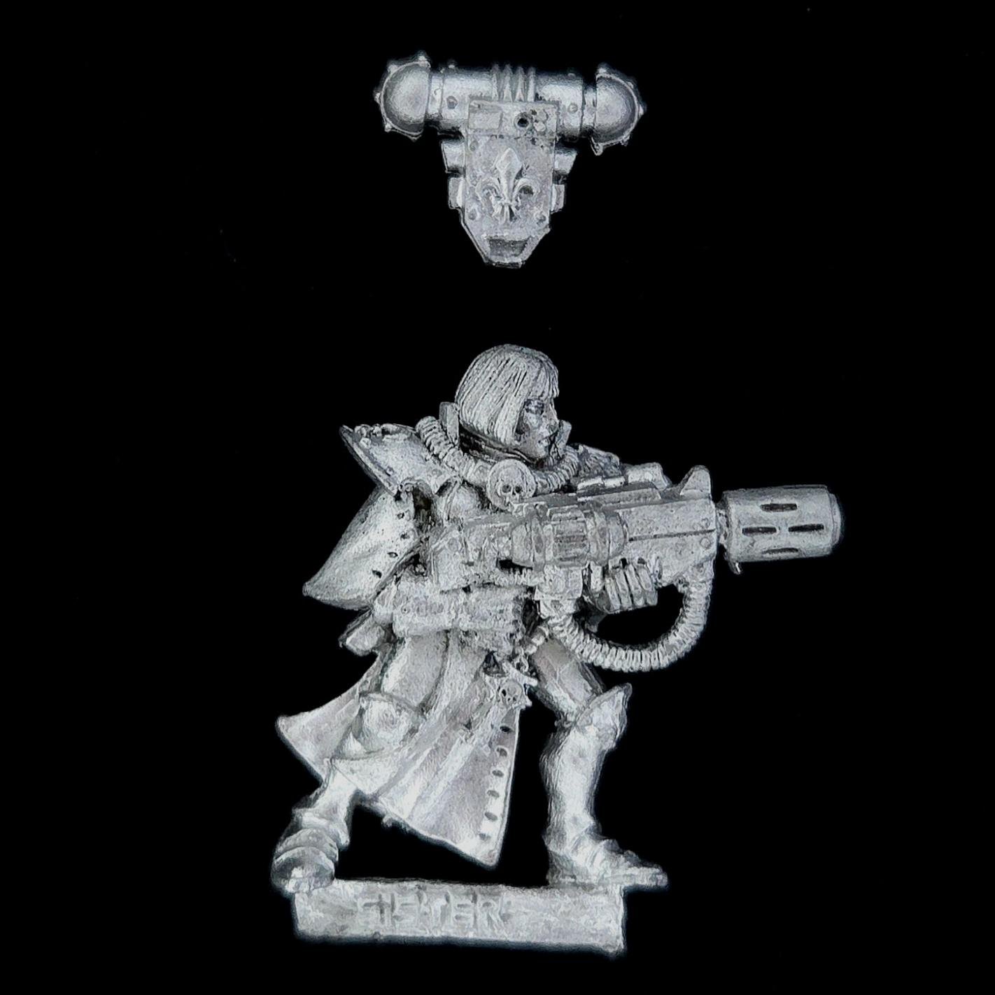 A photo of a Sisters of Battle Battle Sister with Melta Gun Warhammer miniature