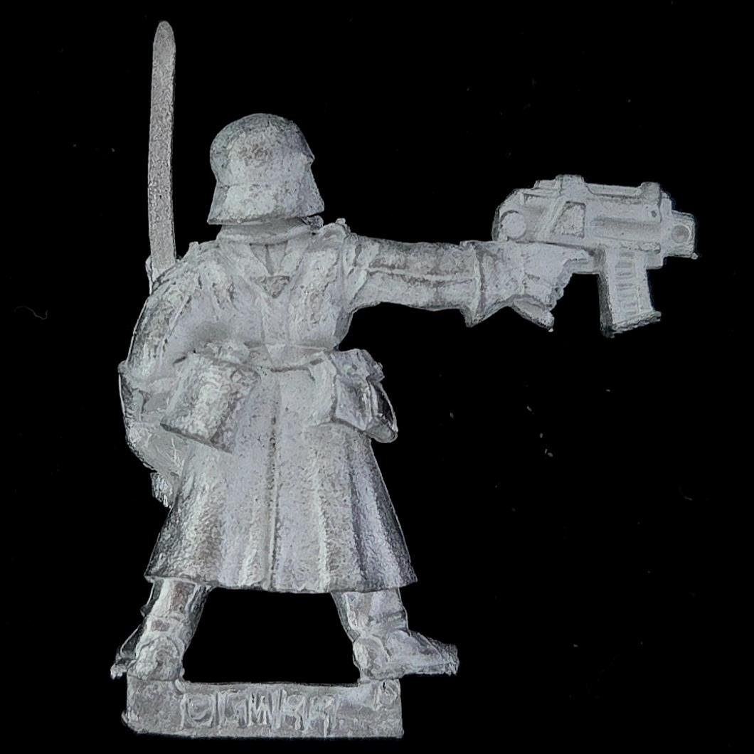 A photo of a Imperial Guard Steel Legion Lieutenant Warhammer miniature