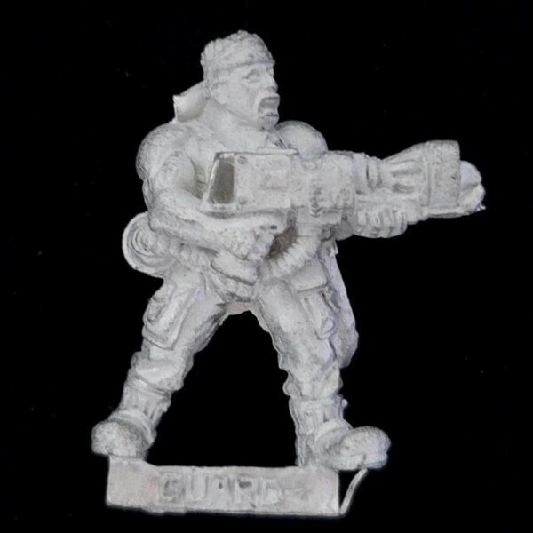 A photo of a Imperial Guard Catachan Jungle Fighters Flamer Warhammer miniature