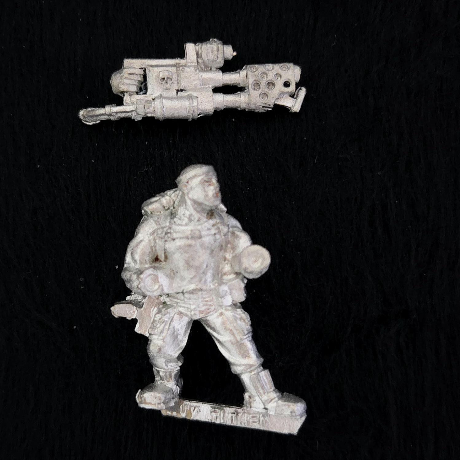 A photo of a Imperial Guard Catachan Jungle Fighters Heavy Flamer Warhammer miniature