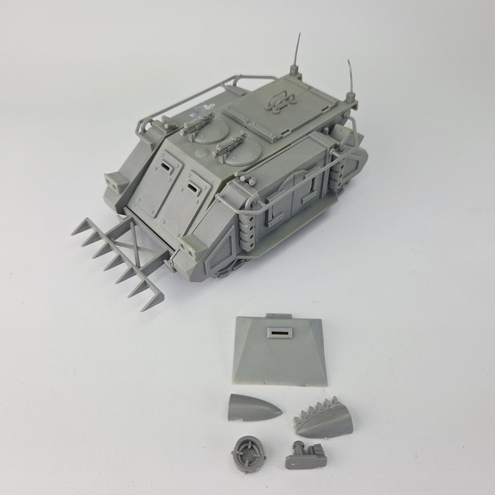 A photo of a Space Marines Rhino Warhammer miniature