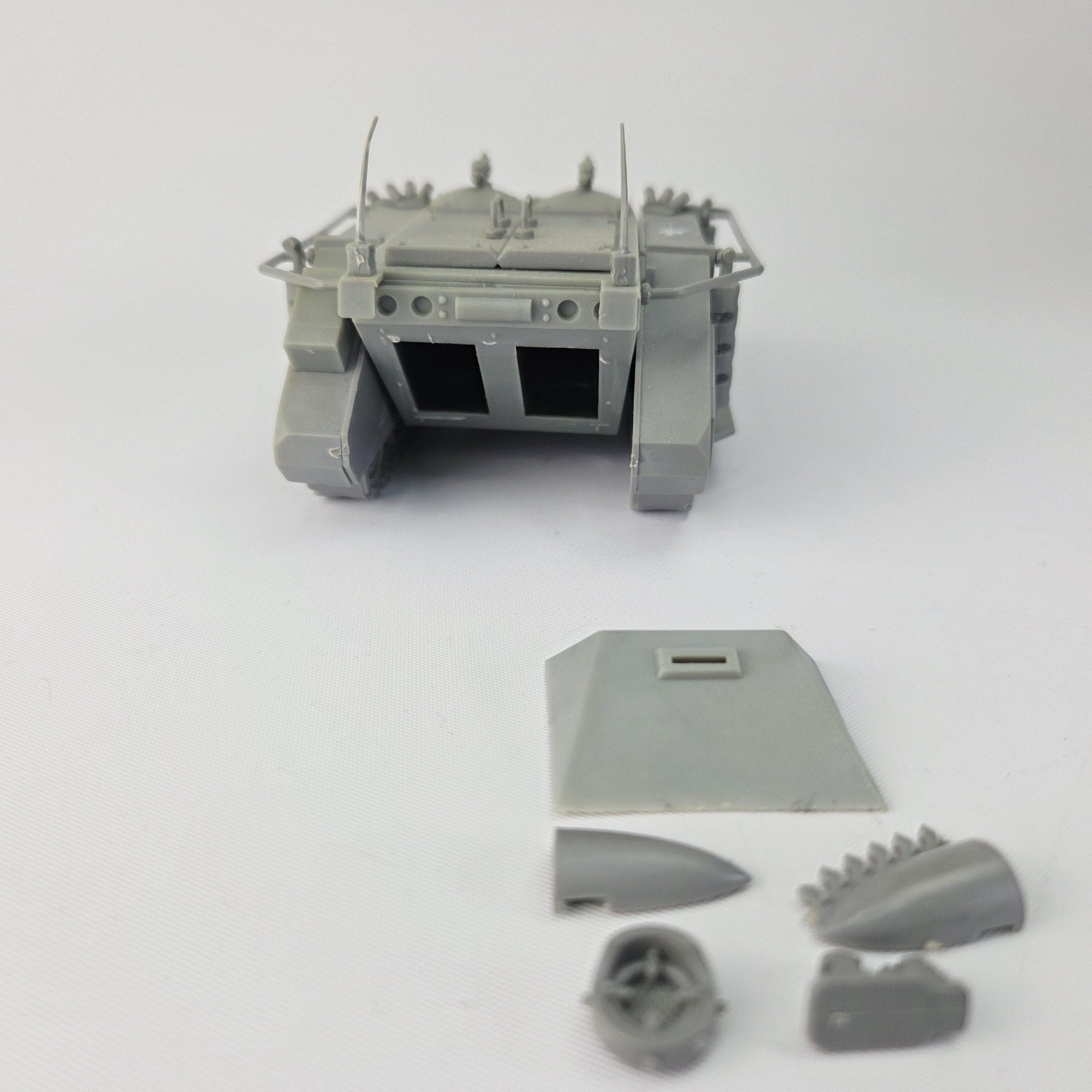 A photo of a Space Marines Rhino Warhammer miniature